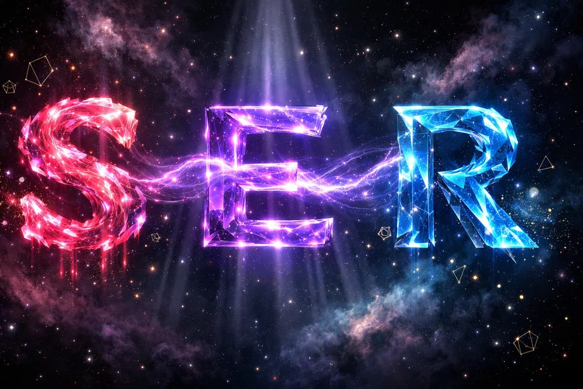 Ser – Die Brücke zwischen Sie und Er: S in leuchtendem Rosa, E in Violett als Brücke, R in strahlendem Cyan, verbunden durch Lichtbögen im Kosmos