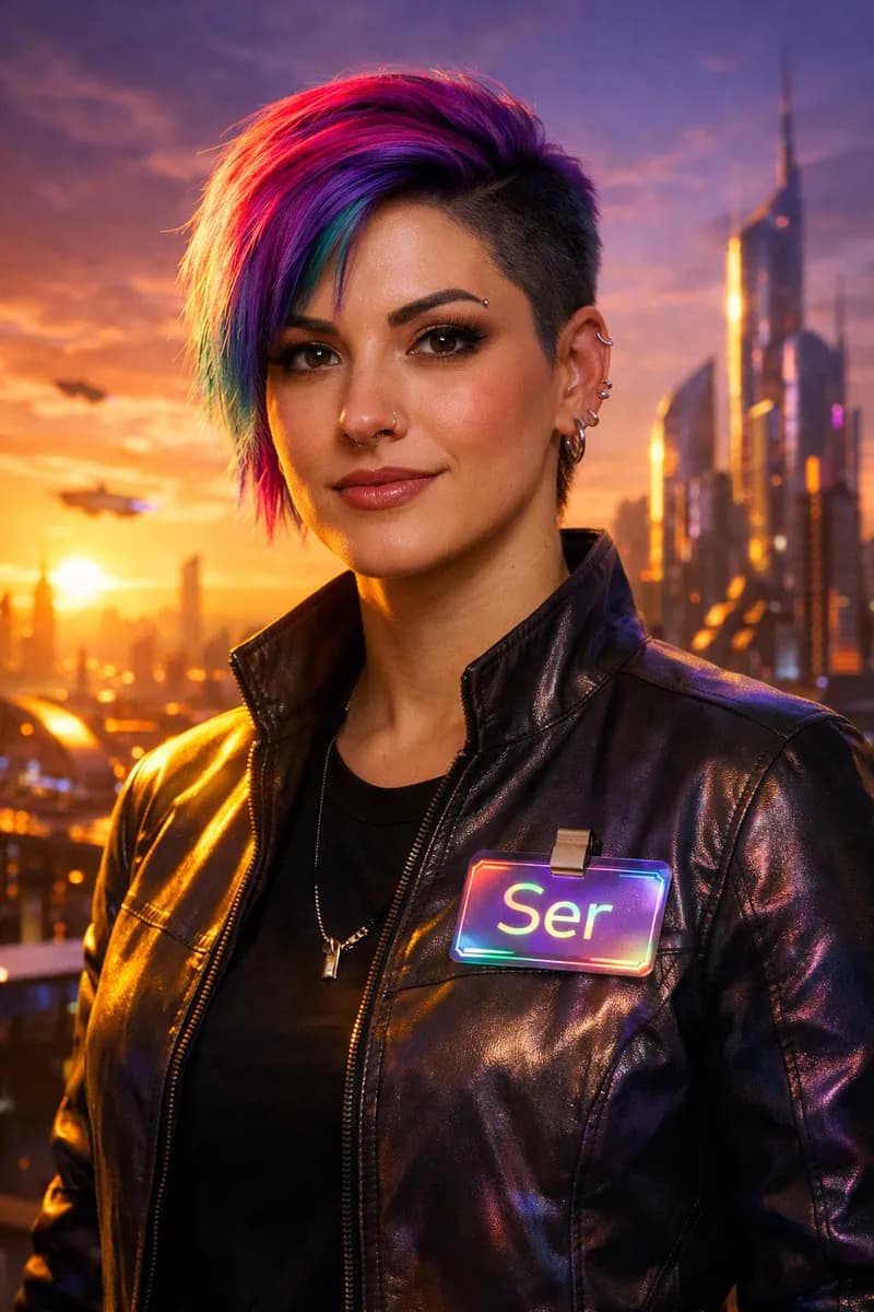 Selbstbewusste nichtbinäre Person mit bunten Haaren und holographischem Ser-Namensschild vor einer futuristischen Skyline bei Sonnenuntergang