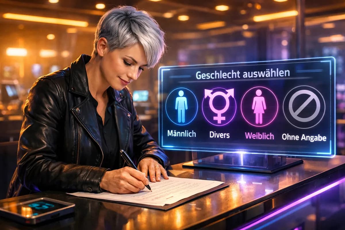 Person mit silbernem Haar unterschreibt ein Dokument am futuristischen Standesamt mit holographischer Geschlechtsauswahl