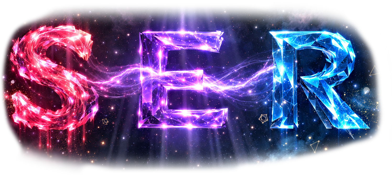 S, E und R als monumentale leuchtende Buchstaben im Kosmos – S in Rosa-Magenta, E in Violett als Brücke, R in Cyan-Blau